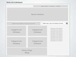 Home com 6 destaques
Quem Somos | Produtos | Contato

Banner Rotativo

Selecione os produtos e faça seu orçamento

Categoria em
Destaque

Categoria em
Destaque

Categoria em
Destaque

Categoria em
Destaque

Último Artigo
(Blog)

- Destaques Secundários
- Destaques Secundários
- Destaques Secundários
- Destaques Secundários
- Destaques Secundários
- Destaques Secundários
- Destaques Secundários
- Destaques Secundários
- Destaques Secundários

 