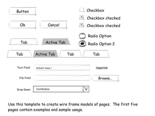 Drop Down: Hyperlink Use this template to create wire frame models of pages.  The first five pages contain examples and sample usage. Button Cancel Ok Tab Active Tab Tab Active Tab Tab Tab File Field Browse… Text Field: Default Value |  Checkbox Checkbox checked Checkbox checked Radio Option Radio Option 2 Combobox 