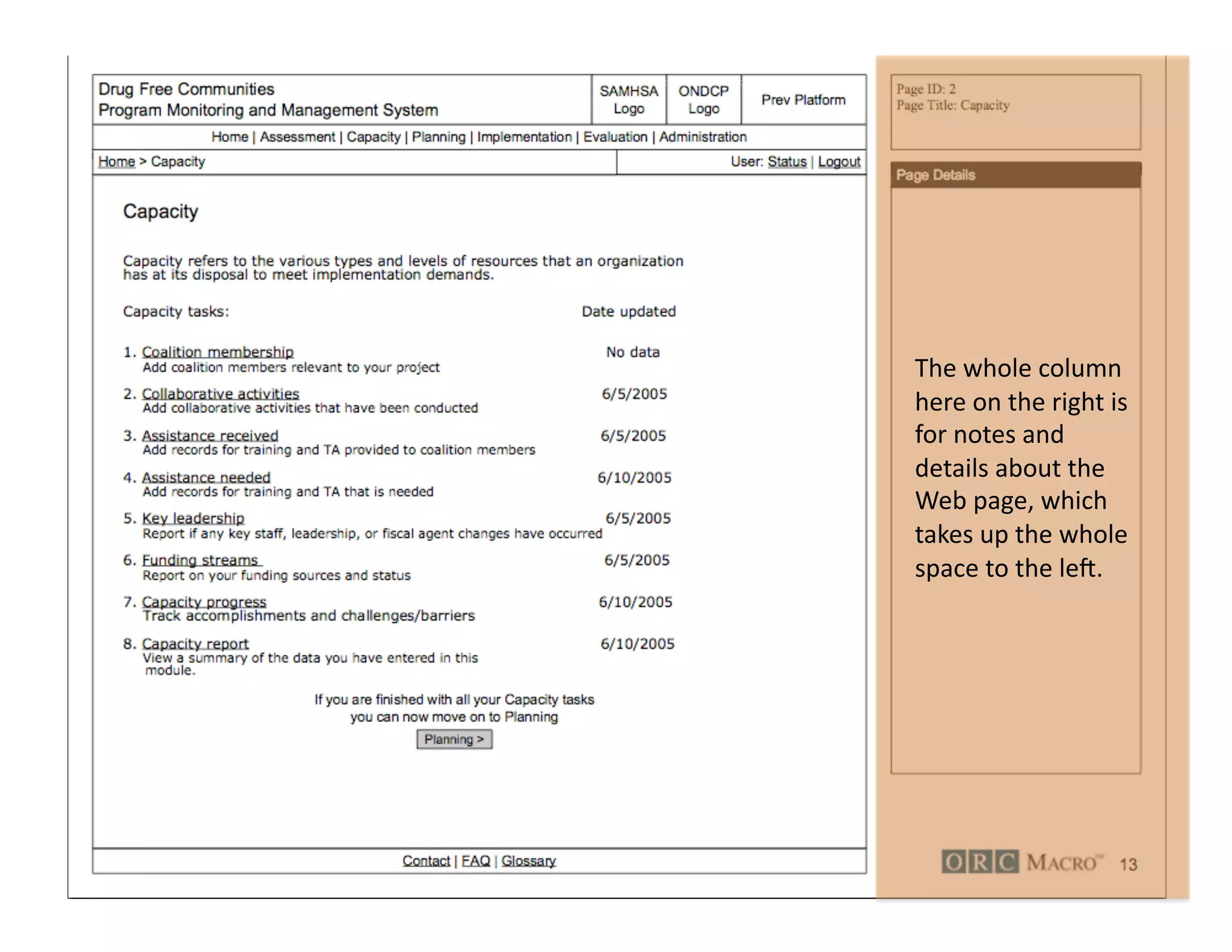 The whole column 
here on the right is 
for notes and 
details about the 
Web page, which 
takes up the whole 
space to the leU. 
 