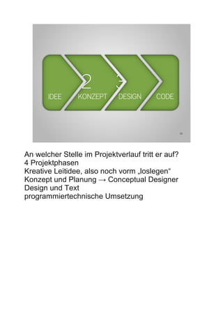1        2          3 4
       IDEE      KONZEPT     DESIGN      CODE



                                                    16




An welcher Stelle im Projektverlauf tritt er auf?
4 Projektphasen
Kreative Leitidee, also noch vorm „loslegen“
Konzept und Planung → Conceptual Designer
Design und Text
programmiertechnische Umsetzung
 
