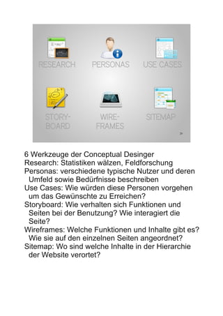 RESEARCH       PERSONAS       USE CASES




     STORY-          WIRE-        SITEMAP
     BOARD          FRAMES
                                            20




6 Werkzeuge der Conceptual Desinger
Research: Statistiken wälzen, Feldforschung
Personas: verschiedene typische Nutzer und deren
 Umfeld sowie Bedürfnisse beschreiben
Use Cases: Wie würden diese Personen vorgehen
 um das Gewünschte zu Erreichen?
Storyboard: Wie verhalten sich Funktionen und
 Seiten bei der Benutzung? Wie interagiert die
 Seite?
Wireframes: Welche Funktionen und Inhalte gibt es?
 Wie sie auf den einzelnen Seiten angeordnet?
Sitemap: Wo sind welche Inhalte in der Hierarchie
 der Website verortet?
 