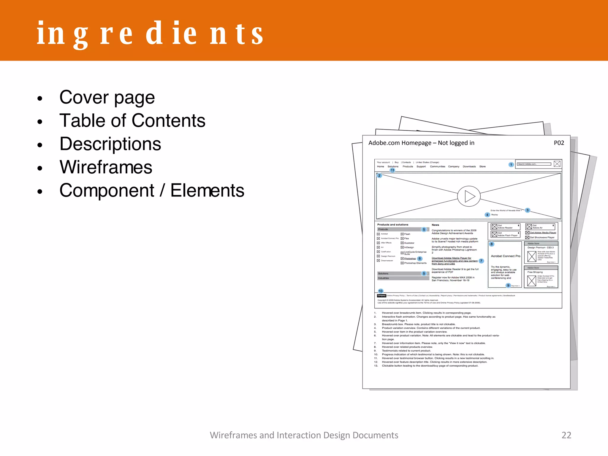 Cover page Table of Contents Descriptions Wireframes Component / Elements ingredients Wireframes and Interaction Design Documents Cover page Table of Contents Descriptions & Scenarios Adobe.com Homepage – Not logged in P02 