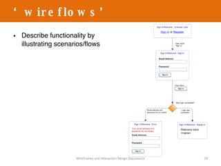 Describe functionality by illustrating scenarios/flows ‘ wireflows’ Wireframes and Interaction Design Documents 