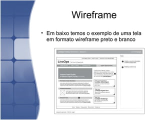 Wireframe Em baixo temos o exemplo de uma tela em formato wireframe preto e branco 