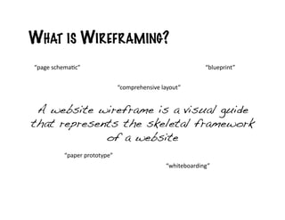 WHAT IS WIREFRAMING?
“page	
  schema+c”	
                                                         “blueprint”	
  


                                        “comprehensive	
  layout”	
  


 A website wireframe is a visual guide
that represents the skeletal framework
             of a website!
             “paper	
  prototype”	
  
                                                             “whiteboarding”	
  
 