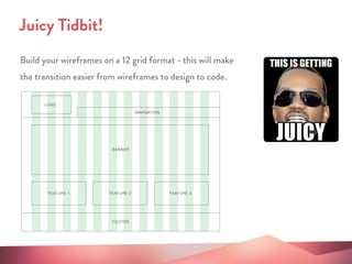 Build your wireframes on a 12 grid format - this will make
the transition easier from wireframes to design to code.
Juicy Tidbit!
 