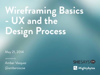 a presentation by
May 21, 2014
Amber Vasquez
@ambersiscoe
Wireframing Basics
- UX and the
Design Process
 