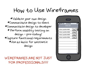 How to Use Wireframes
*Validate your own design
*Communicate design to client
*Communicate design to developer
* Perform usability testing on
design - pre-coding!
*Capture functional requirements
*Use as basis for aesthetic
design

WIREFRAMES ARE NOT JUST
FOR PROFESSIONALS!!!!

 