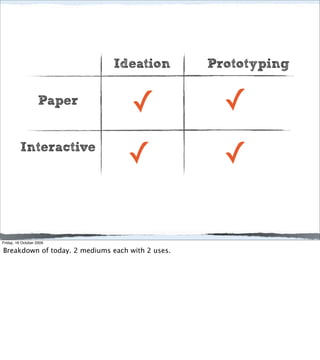 Ideation           Prototyping

                    Paper
                                    ✓               ✓
          Interactive
                                  ✓                 ✓

Friday, 16 October 2009

Breakdown of today. 2 mediums each with 2 uses.
 