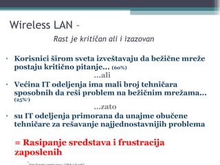 Wireless LAN –    Rast je kritičan ali i izazovan Korisnici širom sveta izveštavaju da bežične mreže postaju kritično pitanje ...  (60%) ... ali   Većina IT odeljenja ima mali broj tehničara sposobnih da reši problem na bežičnim mrežama ...   (25% 1 ) … zato su IT odeljenja primorana da unajme obučene tehničare za rešavanje najjednostavnijih problema =  Rasipanje sredstava i frustracija zaposlenih 1  Fluke Networks customer survey, 12/09 & 1/10, n=477.  