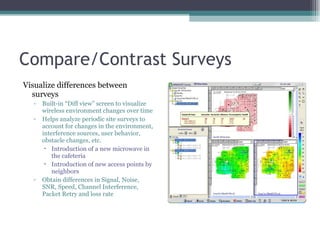 Compare/Contrast Surveys Visualize differences between surveys Built-in “Diff view” screen to visualize wireless environment changes over time Helps analyze periodic site surveys to account for changes in the environment, interference sources, user behavior, obstacle changes, etc.  Introduction of a new microwave in the cafeteria Introduction of new access points by neighbors Obtain differences in Signal, Noise, SNR, Speed, Channel Interference, Packet Retry and loss rate 