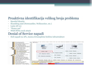 Proaktivna identifikacija velikog broja problema Spoofed Identity Stumbling alati (Netstumbler, Wellenreiter, etc.) Lažni AP-ovi “ Honey pot” WEP/WPA crack attack Denial of Service napadi DoS napadi na APs, stanica ili kompletne bežične infrastrukture 