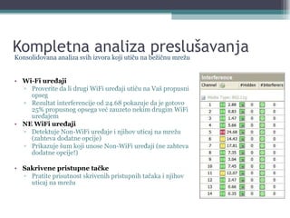Kompletna analiza preslušavanja Konsolidovana analiza svih izvora koji utiču na bežičnu mrežu Wi-Fi uređaji Proverite da li drugi WiFi uređaji utiču na Vaš propusni opseg Rezultat interferencije od 24.68 pokazuje da je gotovo 25% propusnog opsega već zauzeto nekim drugim WiFi uređajem NE WiFi uređaji Detektuje Non-WiFi uređaje i njihov uticaj na mrežu (zahteva dodatne opcije) Prikazuje šum koji unose Non-WiFi uređaji (ne zahteva dodatne opcije!) Sakrivene pristupne tačke Pratite prisutnost skrivenih pristupnih tačaka i njihov uticaj na mrežu 