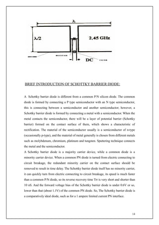 BRIEF INTRODUCTION OF SCHOTTKY BARRIER DIODE:


A Schottky barrier diode is different from a common P/N silicon diode. The common
diode is formed by connecting a P type semiconductor with an N type semiconductor,
this is connecting between a semiconductor and another semiconductor; however, a
Schottky barrier diode is formed by connecting a metal with a semiconductor. When the
metal contacts the semiconductor, there will be a layer of potential barrier (Schottky
barrier) formed on the contact surface of them, which shows a characteristic of
rectification. The material of the semiconductor usually is a semiconductor of n-type
(occasionally p-type), and the material of metal generally is chosen from different metals
such as molybdenum, chromium, platinum and tungsten. Sputtering technique connects
the metal and the semiconductor.
A Schottky barrier diode is a majority carrier device, while a common diode is a
minority carrier device. When a common PN diode is turned from electric connecting to
circuit breakage, the redundant minority carrier on the contact surface should be
removed to result in time delay. The Schottky barrier diode itself has no minority carrier,
it can quickly turn from electric connecting to circuit breakage, its speed is much faster
than a common P/N diode, so its reverse recovery time Trr is very short and shorter than
10 nS. And the forward voltage bias of the Schottky barrier diode is under 0.6V or so,
lower than that (about 1.1V) of the common PN diode. So, The Schottky barrier diode is
a comparatively ideal diode, such as for a 1 ampere limited current PN interface.




                                                                                        14
 