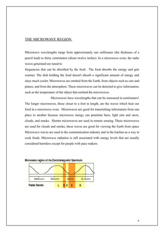 THE MICROWAVE REGION


Microwave wavelengths range from approximately one millimeter (the thickness of a
pencil lead) to thirty centimeters (about twelve inches). In a microwave oven, the radio
waves generated are tuned to
frequencies that can be absorbed by the food . The food absorbs the energy and gets
warmer. The dish holding the food doesn't absorb a significant amount of energy and
stays much cooler. Microwaves are emitted from the Earth, from objects such as cars and
planes, and from the atmosphere. These microwaves can be detected to give information,
such as the temperature of the object that emitted the microwaves.
                    Microwaves have wavelengths that can be measured in centimeters!
The longer microwaves, those closer to a foot in length, are the waves which heat our
food in a microwave oven. Microwaves are good for transmitting information from one
place to another because microwave energy can penetrate haze, light rain and snow,
clouds, and smoke. Shorter microwaves are used in remote sensing. These microwaves
are used for clouds and smoke, these waves are good for viewing the Earth from space
Microwave waves are used in the communication industry and in the kitchen as a way to
cook foods. Microwave radiation is still associated with energy levels that are usually
considered harmless except for people with pace makers.




                                                                                       6
 