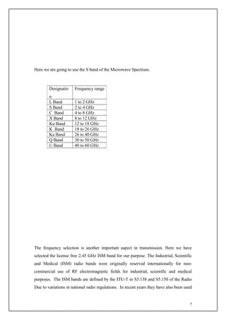 Here we are going to use the S band of the Microwave Spectrum.



        Designatio    Frequency range
        n
        L Band        1 to 2 GHz
        S Band        2 to 4 GHz
        C Band        4 to 8 GHz
        X Band        8 to 12 GHz
        Ku Band       12 to 18 GHz
        K Band        18 to 26 GHz
        Ka Band       26 to 40 GHz
        Q Band        30 to 50 GHz
        U Band        40 to 60 GHz




The frequency selection is another important aspect in transmission. Here we have
selected the license free 2.45 GHz ISM band for our purpose. The Industrial, Scientific
and Medical (ISM) radio bands were originally reserved internationally for non-
commercial use of RF electromagnetic fields for industrial, scientific and medical
purposes. The ISM bands are defined by the ITU-T in S5.138 and S5.150 of the Radio
Due to variations in national radio regulations. In recent years they have also been used


                                                                                       7
 