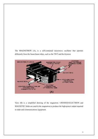 The MAGNETRON (A), is a self-contained microwave oscillator that operates
differently from the linear-beam tubes, such as the TWT and the klystron




View (B) is a simplified drawing of the magnetron. CROSSED-ELECTRON and
MAGNETIC fields are used in the magnetron to produce the high-power output required
in radar and communications equipment.




                                                                                  9
 
