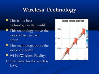 Wireless TechnologyWireless Technology
 This is the bestThis is the best
technology in the world.technology in the world.
 This technology move theThis technology move the
world closer to eachworld closer to each
other.other.
 This technology boost theThis technology boost the
world economy.world economy.
 Wi-Fi (Wireless Fidelity)Wi-Fi (Wireless Fidelity)
Is new name for the wirelessIs new name for the wireless
LAN.LAN.
 