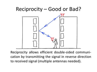 Reciprocity – Good or Bad?
Reciprocity allows efficient double-sided communi-
cation by transmitting the signal in reverse direction
to received signal (multiple antennas needed).
 