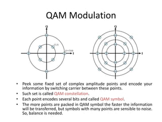 QAM Modulation
• Peek some fixed set of complex amplitude points and encode your
information by switching carrier between these points.
• Such set is called QAM constellation.
• Each point encodes several bits and called QAM symbol.
• The more points are packed in QAM symbol the faster the information
will be transferred, but symbols with many points are sensible to noise.
So, balance is needed.
 