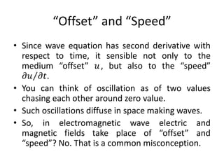 “Offset” and “Speed”
• Since wave equation has second derivative with
respect to time, it sensible not only to the
medium “offset” 𝑢, but also to the “speed”
𝜕𝑢 𝜕𝑡.
• You can think of oscillation as of two values
chasing each other around zero value.
• Such oscillations diffuse in space making waves.
• So, in electromagnetic wave electric and
magnetic fields take place of “offset” and
“speed”? No. That is a common misconception.
 