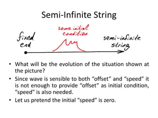 Semi-Infinite String
• What will be the evolution of the situation shown at
the picture?
• Since wave is sensible to both “offset” and “speed” it
is not enough to provide “offset” as initial condition,
“speed” is also needed.
• Let us pretend the initial “speed” is zero.
 