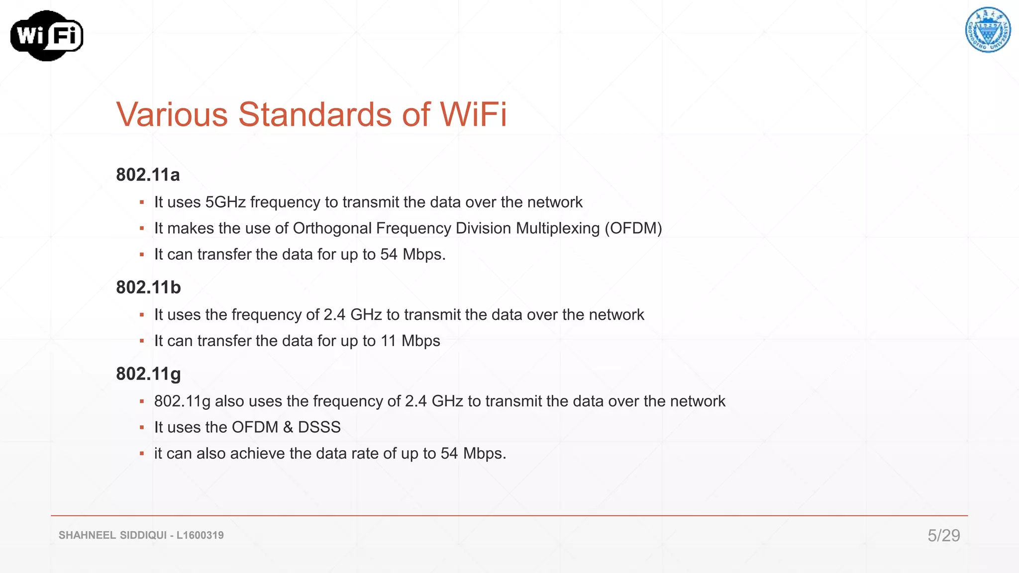 Various Standards of WiFi
802.11a
▪ It uses 5GHz frequency to transmit the data over the network
▪ It makes the use of Orthogonal Frequency Division Multiplexing (OFDM)
▪ It can transfer the data for up to 54 Mbps.
802.11b
▪ It uses the frequency of 2.4 GHz to transmit the data over the network
▪ It can transfer the data for up to 11 Mbps
802.11g
▪ 802.11g also uses the frequency of 2.4 GHz to transmit the data over the network
▪ It uses the OFDM & DSSS
▪ it can also achieve the data rate of up to 54 Mbps.
SHAHNEEL SIDDIQUI - L1600319 5/29
 