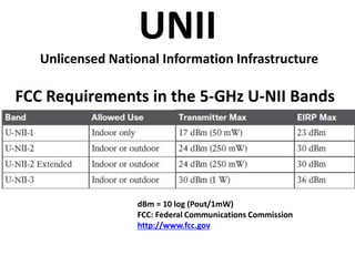 UNII
Unlicensed National Information Infrastructure
FCC Requirements in the 5-GHz U-NII Bands
dBm = 10 log (Pout/1mW)
FCC: Federal Communications Commission
http://www.fcc.gov
 