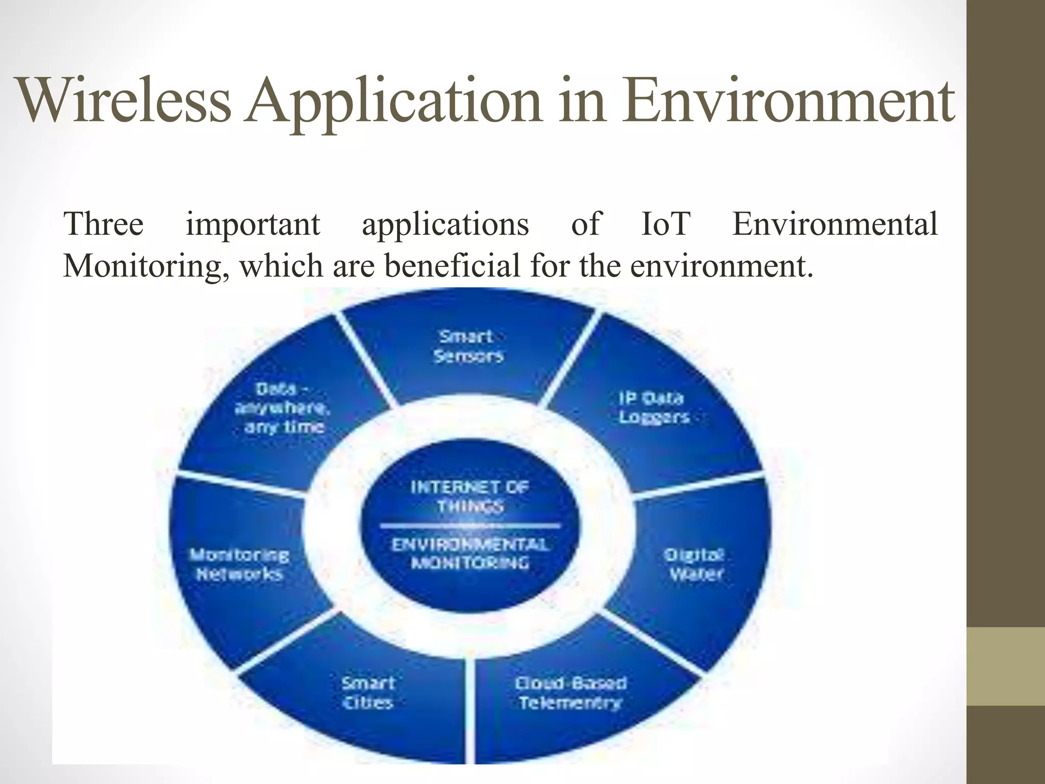 WirelessApplication in Environment
Three important applications of IoT Environmental
Monitoring, which are beneficial for the environment.
 