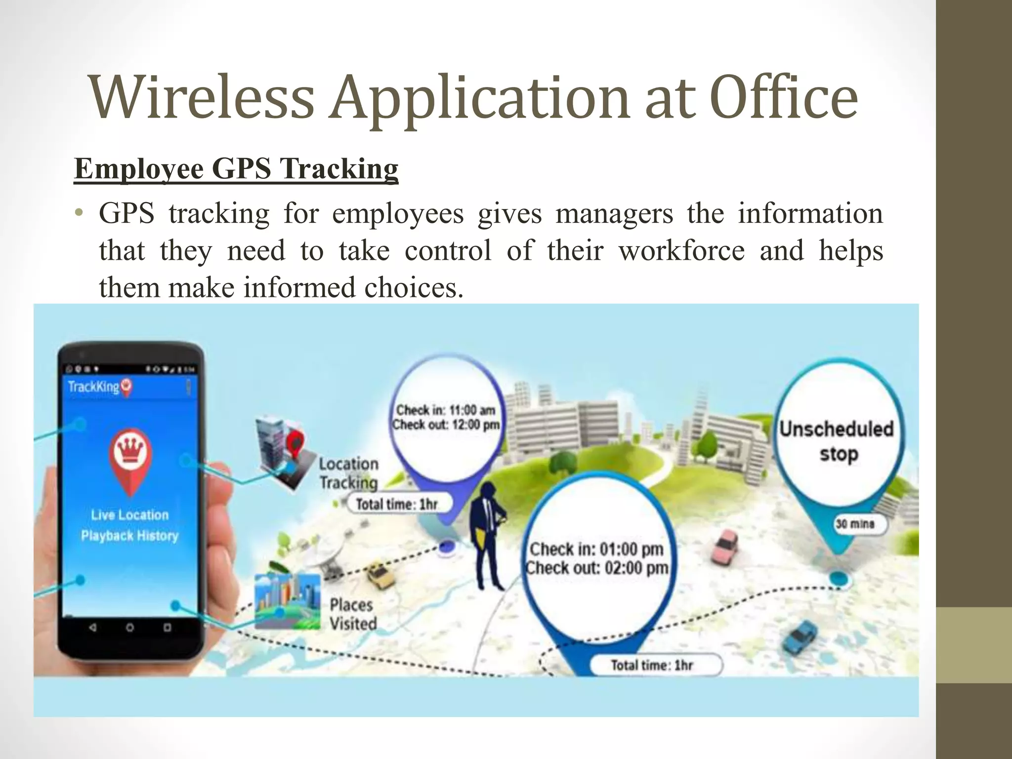 Wireless Application at Office
Employee GPS Tracking
• GPS tracking for employees gives managers the information
that they need to take control of their workforce and helps
them make informed choices.
 