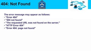 The error message may appear as follows:
• "Error 404"
• "404 not found"
• "The requested URL was not found on the server."
• "HTTP Error 404"
• "Error 404: page not found"
404: Not Found
 