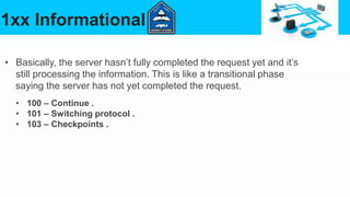 1xx Informational
• 100 – Continue .
• 101 – Switching protocol .
• 103 – Checkpoints .
• Basically, the server hasn’t fully completed the request yet and it’s
still processing the information. This is like a transitional phase
saying the server has not yet completed the request.
 