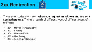 3xx Redirection
• These error codes are shown when you request an address and are sent
somewhere else. There’s a bunch of different types of different types of
redirects:
• 301 – Moved Permanently;
• 302 – Found;
• 304 – Not Modified;
• 305 – Use Proxy;
• 307 – Temporary Redirect.
 