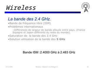 La bande des 2.4 GHz.
•Bande de fréquence libre (ISM)
•Problèmes internationaux
–Différences de largeur de bande allouée entre pays. (France
Espagne et Japon différents du reste du monde).
•Saturation de la bande des 2.4 GHz
•Solution utilisation de la bande des 5 GHz
13/12/2001 Wireless - Donche S. & Pellegrin T. 10
Wireless
Bande ISM :2.4000 GHz à 2.483 GHz
 