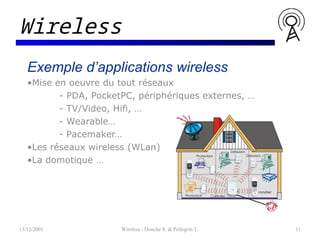 Exemple d’applications wireless
•Mise en oeuvre du tout réseaux
- PDA, PocketPC, périphériques externes, …
- TV/Video, Hifi, …
- Wearable…
- Pacemaker…
•Les réseaux wireless (WLan)
•La domotique …
13/12/2001 Wireless - Donche S. & Pellegrin T. 11
Wireless
 