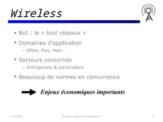 • But : le « tout réseaux »
• Domaines d’application
– Wlan, Pan, Han…
• Secteurs concernés
– Entreprises & particuliers
• Beaucoup de normes en concurrence
13/12/2001 Wireless - Donche S. & Pellegrin T. 3
Wireless
Enjeux économiques importants
 