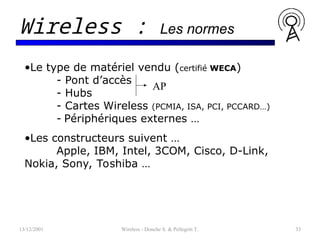 13/12/2001 Wireless - Donche S. & Pellegrin T. 33
Wireless : Les normes
•Le type de matériel vendu (certifié WECA)
- Pont d’accès
- Hubs
- Cartes Wireless (PCMIA, ISA, PCI, PCCARD…)
- Périphériques externes …
•Les constructeurs suivent …
Apple, IBM, Intel, 3COM, Cisco, D-Link,
Nokia, Sony, Toshiba …
AP
 
