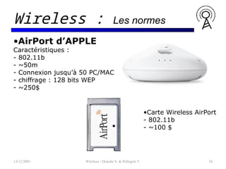 13/12/2001 Wireless - Donche S. & Pellegrin T. 34
Wireless : Les normes
•AirPort d’APPLE
Caractéristiques :
- 802.11b
- ~50m
- Connexion jusqu’à 50 PC/MAC
- chiffrage : 128 bits WEP
- ~250$
•Carte Wireless AirPort
- 802.11b
- ~100 $
 