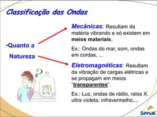 Classificação das Ondas
•Quanto a
Natureza
Mecânicas: Resultam da
matéria vibrando e só existem em
meios materiais.
Ex.: Ondas do mar, som, ondas
em cordas, ...
Eletromagnéticas: Resultam
da vibração de cargas elétricas e
se propagam em meios
“transparentes”.
Ex.: Luz, ondas de rádio, raios X,
ultra violeta, infravermelho,...
 