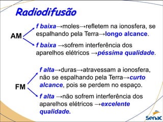 Radiodifusão
AM
FM
f baixa→moles→refletem na ionosfera, se
espalhando pela Terra→longo alcance.
f baixa →sofrem interferência dos
aparelhos elétricos →péssima qualidade.
f alta→duras→atravessam a ionosfera,
não se espalhando pela Terra→curto
alcance, pois se perdem no espaço.
f alta →não sofrem interferência dos
aparelhos elétricos →excelente
qualidade.
 