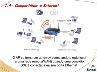 1.4- Compartilhar a Internet
O AP se torna um gateway conectando a rede local
a uma rede remota(WAN) quando uma conexão
DSL é conectada na sua porta Ethernet.
 