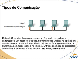 Unicast: Comunicação na qual um quadro é enviado de um host e
endereçado a um destino específico. Na transmissão unicast, há apenas um
remetente e um receptor. A transmissão unicast é a forma predominante de
transmissão em redes locais e na Internet. Entre os exemplos de protocolos
que usam transmissões unicast estão HTTP, SMTP, FTP e Telnet.
Tipos de Comunicação
 