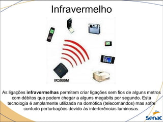 Infravermelho
As ligações infravermelhas permitem criar ligações sem fios de alguns metros
com débitos que podem chegar a alguns megabits por segundo. Esta
tecnologia é amplamente utilizada na domótica (telecomandos) mas sofre
contudo perturbações devido às interferências luminosas.
 