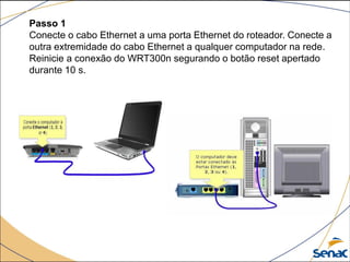 Passo 1
Conecte o cabo Ethernet a uma porta Ethernet do roteador. Conecte a
outra extremidade do cabo Ethernet a qualquer computador na rede.
Reinicie a conexão do WRT300n segurando o botão reset apertado
durante 10 s.
 
