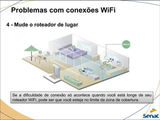 4 - Mude o roteador de lugar
Problemas com conexões WiFi
Se a dificuldade de conexão só acontece quando você está longe de seu
roteador WiFi, pode ser que você esteja no limite da zona de cobertura.
 