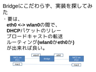 Bridgeˤ餺gװ̽Ƥ

?Ҫϡ
eth0 <-> wlan0gǡ
DHCPѥåȤΥ`
֥`ɥ㥹Ȥܞ
`ƥ(wlan0eth0)

Bridge
NIC1 on
PC1
NIC2 on
PC2
mac1 mac2
wlan0 eth0
 