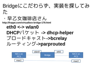 Bridgeˤ餺gװ̽Ƥ

?Ůiꤵ
http://frappt.com/virtualbox-bridge-179.html
eth0 <-> wlan0
DHCPѥå -> dhcp-helper
֥`ɥ㥹->bcrelay
`ƥ->parprouted
Bridge
NIC1 on
PC1
NIC2 on
PC2
mac1 mac2
wlan0 eth0
 