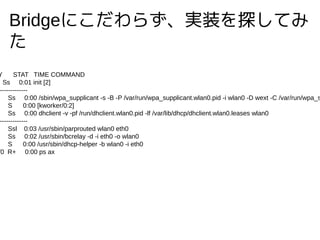 Bridgeˤ餺gװ̽Ƥ

Y STAT TIME COMMAND
Ss 0:01 init [2]
-------------
Ss 0:00 /sbin/wpa_supplicant -s -B -P /var/run/wpa_supplicant.wlan0.pid -i wlan0 -D wext -C /var/run/wpa_s
S 0:00 [kworker/0:2]
Ss 0:00 dhclient -v -pf /run/dhclient.wlan0.pid -lf /var/lib/dhcp/dhclient.wlan0.leases wlan0
-------------
Ssl 0:03 /usr/sbin/parprouted wlan0 eth0
Ss 0:02 /usr/sbin/bcrelay -d -i eth0 -o wlan0
S 0:00 /usr/sbin/dhcp-helper -b wlan0 -i eth0
/0 R+ 0:00 ps ax
 