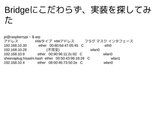 Bridgeˤ餺gװ̽Ƥ

pi@raspberrypi ~ $ arp
ɥ쥹 HW HWɥ쥹 ե饰 ޥ 󥿥ե`
192.168.10.30 ether 00:80:6d:47:05:45 C eth0
192.168.10.28 (ȫ) wlan0
192.168.10.9 ether 00:90:96:11:2c:02 C wlan0
sheevaplug.hisashi.hash ether 00:50:43:96:18:26 C wlan1
192.168.10.4 ether 08:00:46:73:50:2e C wlan0
 