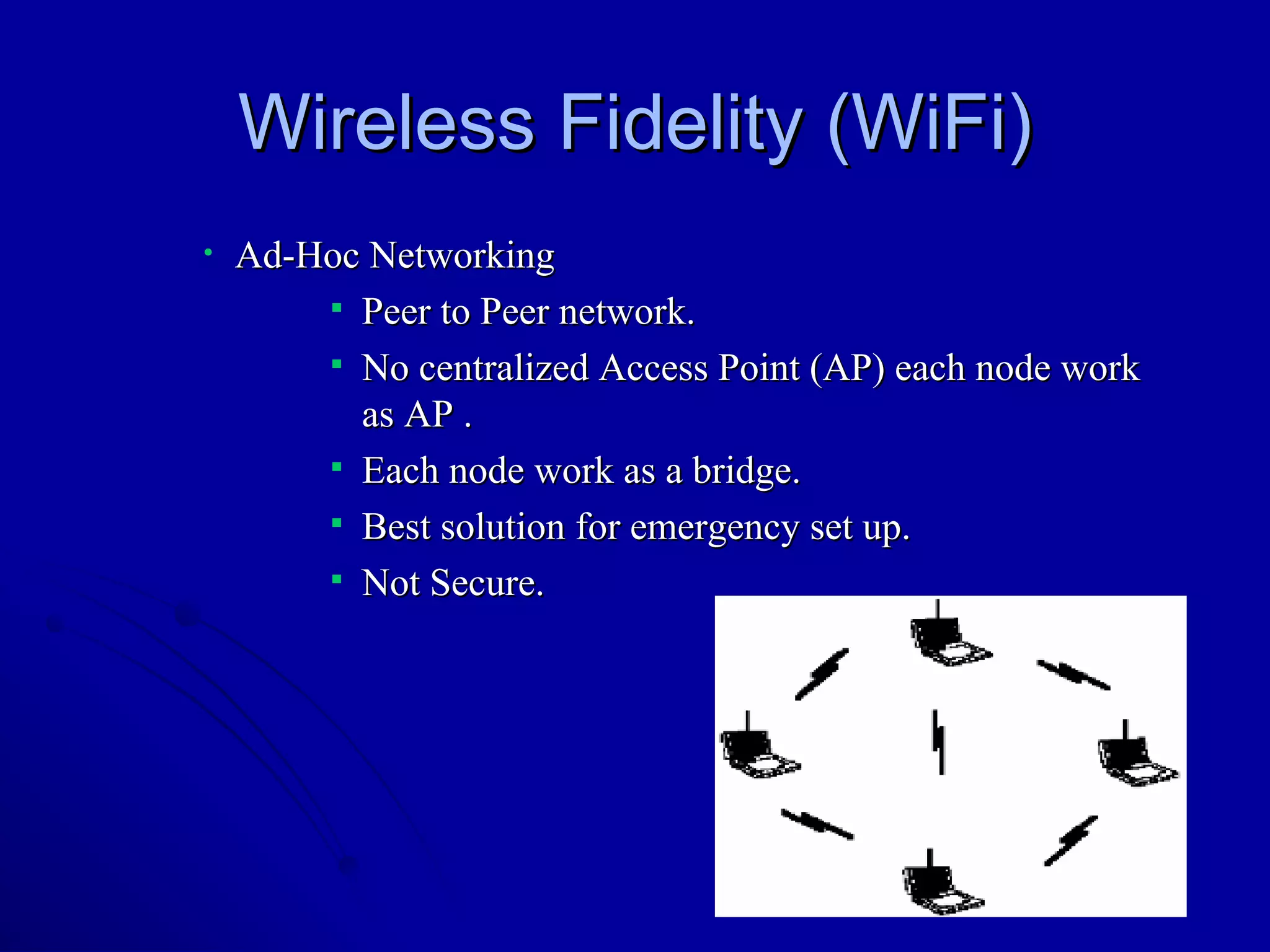 Wireless Fidelity (WiFi) Ad-Hoc Networking Peer to Peer network. No centralized Access Point (AP) each node work as AP . Each node work as a bridge. Best solution for emergency set up. Not Secure. 